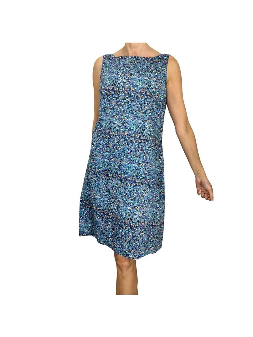 Liberty Art Fabrics blue print sleeveless cotton boat neckline shift dress 12